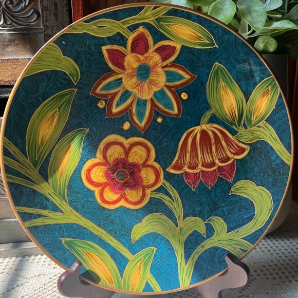 Vintage Fall Inspired Hand Painted Floral Oriental Accent Decorative Plate Blue - Picture 5 of 8